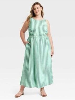 Universal Thread Sleeveless Green-White Striped Maxi Dress
